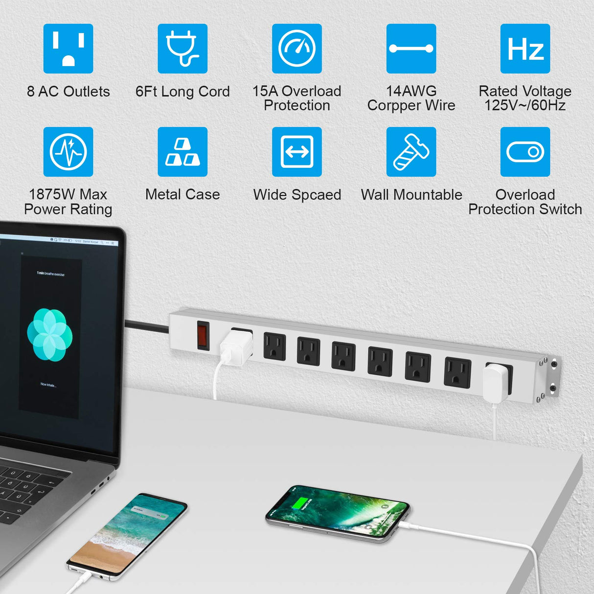 JUNNUJ Metal 8 Outlet Power Strip, Mountable Heavy Duty Power Strip, 1200J Surge Protector Wall Mount Screws Outlet with Switch, Gaming Desk Strips Wide Spaced 15A 125V 1875W, 6 FT 14AWG Power Cord JUNNUJ