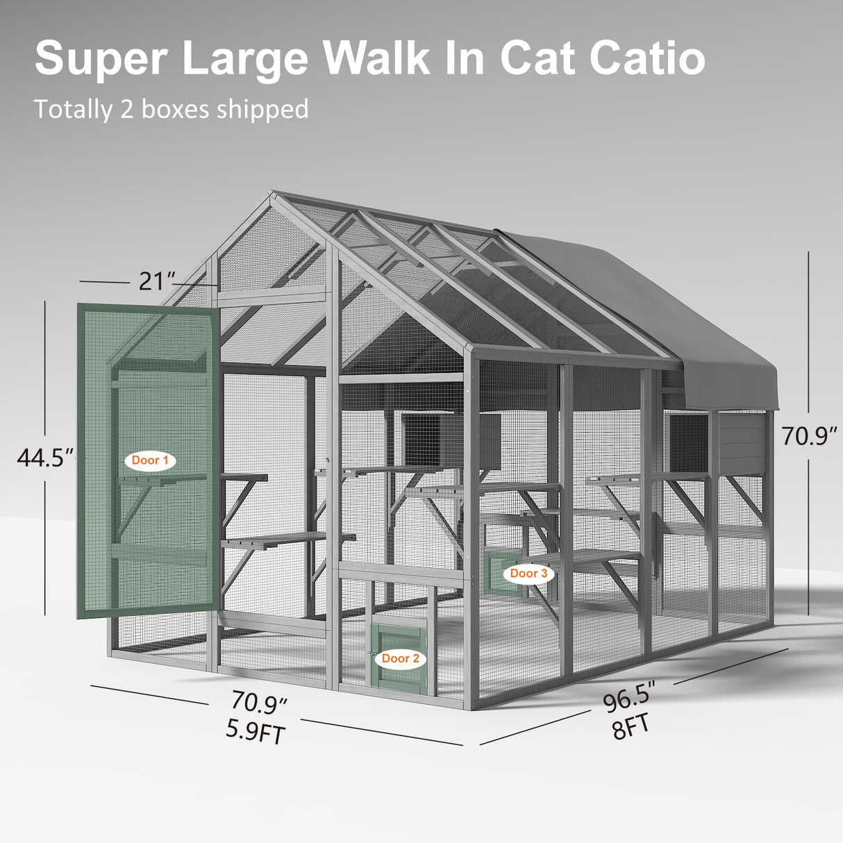 TIMHAKA Cat Catio, Large Catio Outdoor Cat Enclosure for Multiple Cats with 7 Platforms, 2 Resting Box and 2 Bridges, Wooden Feral Cat Shelter with Waterproof and UV Proof Canopy, 71 x 71 x 97 inch TIMHAKA