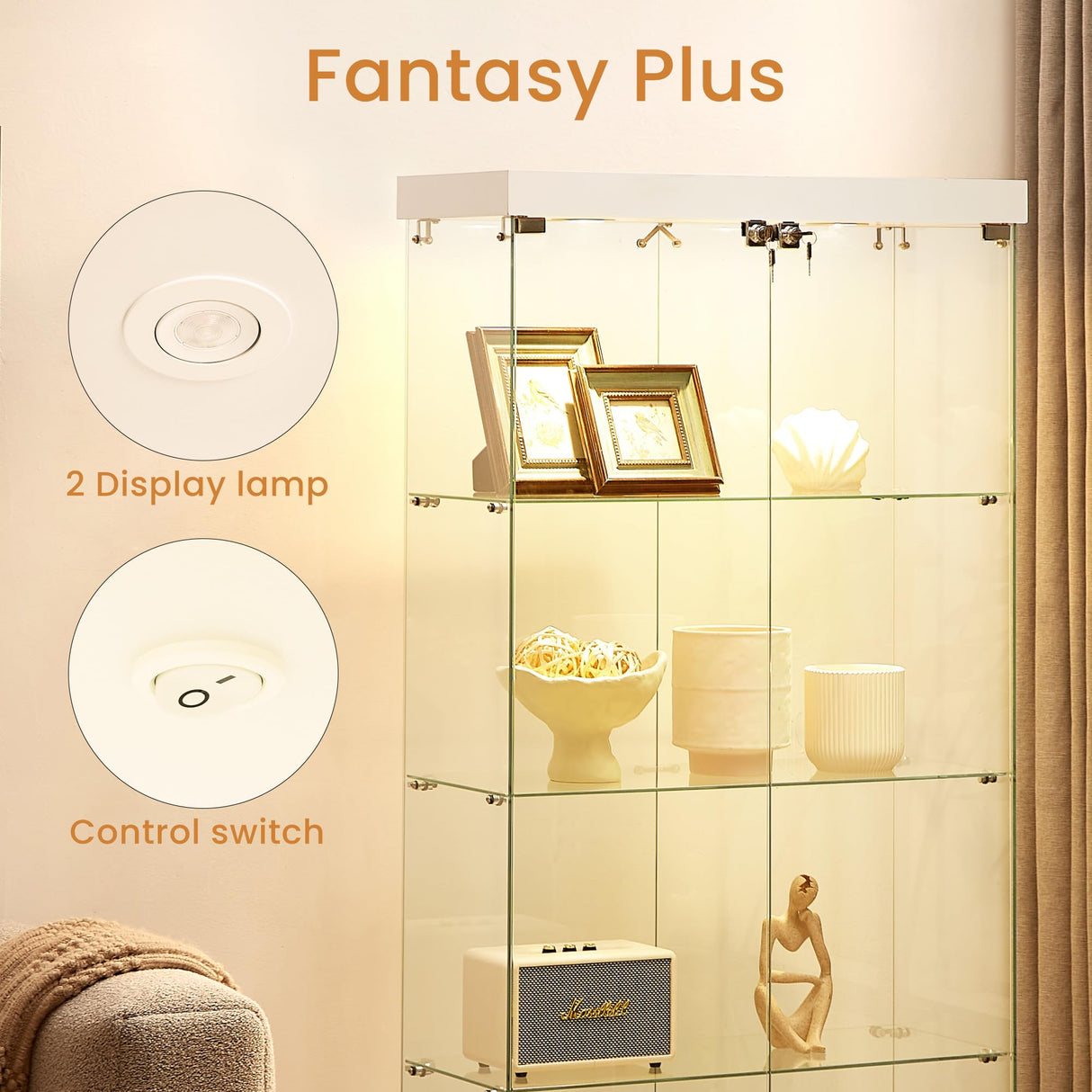 Yoluckea Glass Cabinet with Light, 4 Shelves Glass Display Cabinet w/2 Doors, Floor Standing Clear Glass Curio Cabinet Collection Display Cabinet for Living Room Bedroom 66.3” x 31.5” x 14.2” White Yoluckea