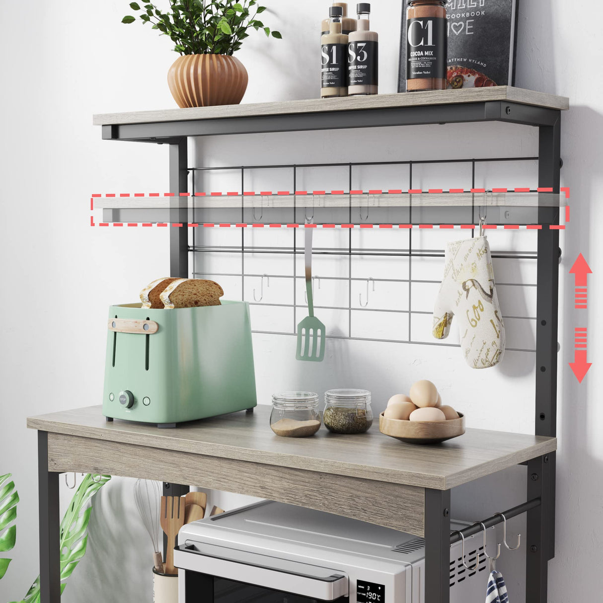 Bestier Adjustable Height Microwave Stand with Storage Cabinet and Wheels - Industrial Coffee Bar Shelf in Grey Wash Bestier