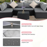 ZJEYEJZ 7-Piece Patio Furniture Set - Outdoor Sectional Sofa Set with Cushions and Glass-Top Coffee Table for Gardens, Poolside, Backyards and Porches, Black/Grey ZJEYEJZ