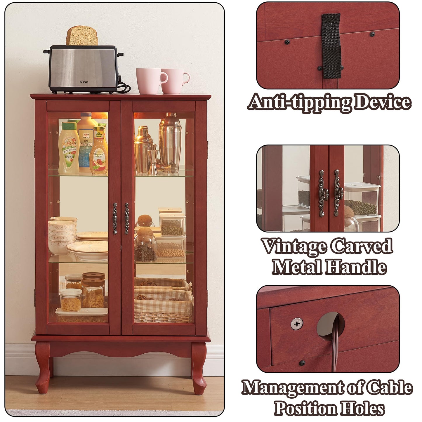 nifoti 43" H Lighted Curio Cabinet Display Case, Glass Curio Cabinet with Adjustable Shelves and Tempered Glass Door, Wooden Curio Cabinet w/Mirrored Back Pane for Living Room (Cherry)