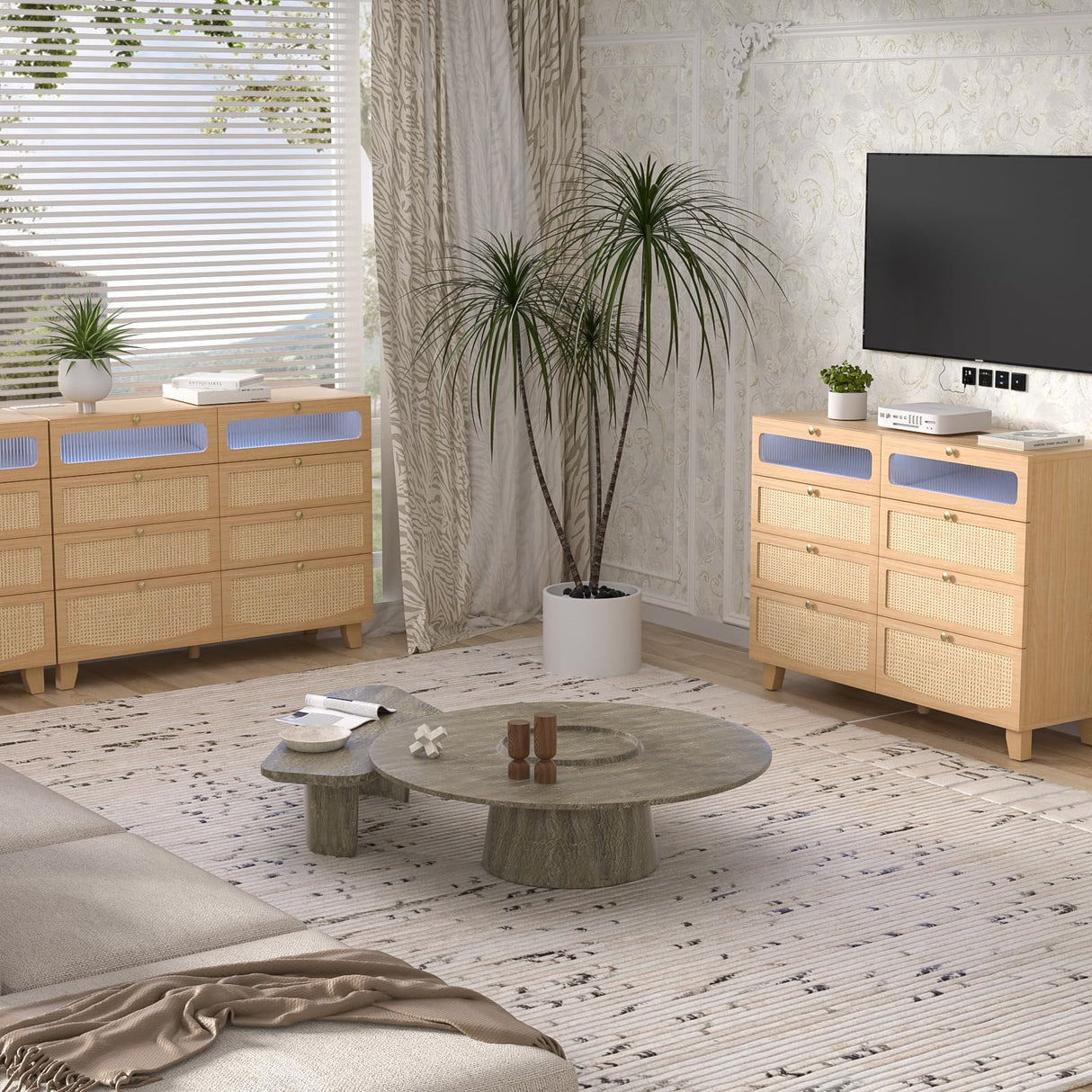 Yeyawomy Rattan Dresser for Bedroom with 8 Drawers, Wood Dresser with Charging Station & LED Lights, Boho Dressers & Chests of Drawers for Bedroom Yeyawomy