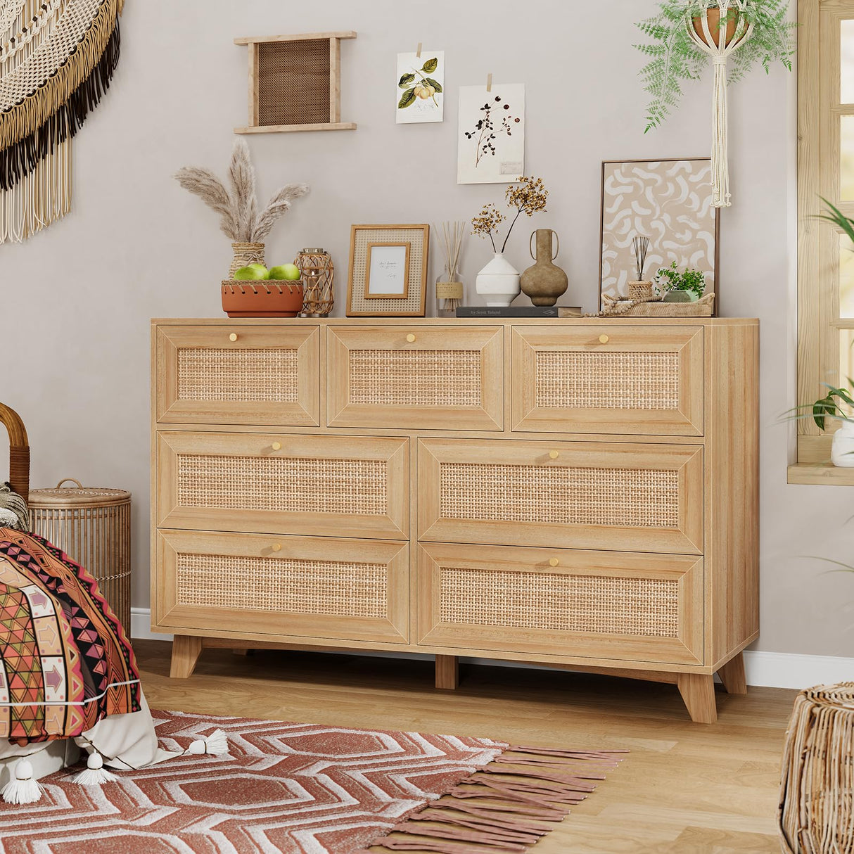 VIAGDO Rattan Dresser for Bedroom, 7 Drawer Dresser with Natural Rattan Drawers, Wooden Wide Cabinet with Gold Handles, Modern Closet Storage Chest of Drawers for Nursery Entryway Living Room VIAGDO