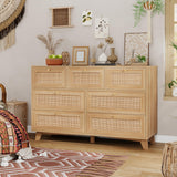 VIAGDO Rattan Dresser for Bedroom, 7 Drawer Dresser with Natural Rattan Drawers, Wooden Wide Cabinet with Gold Handles, Modern Closet Storage Chest of Drawers for Nursery Entryway Living Room VIAGDO