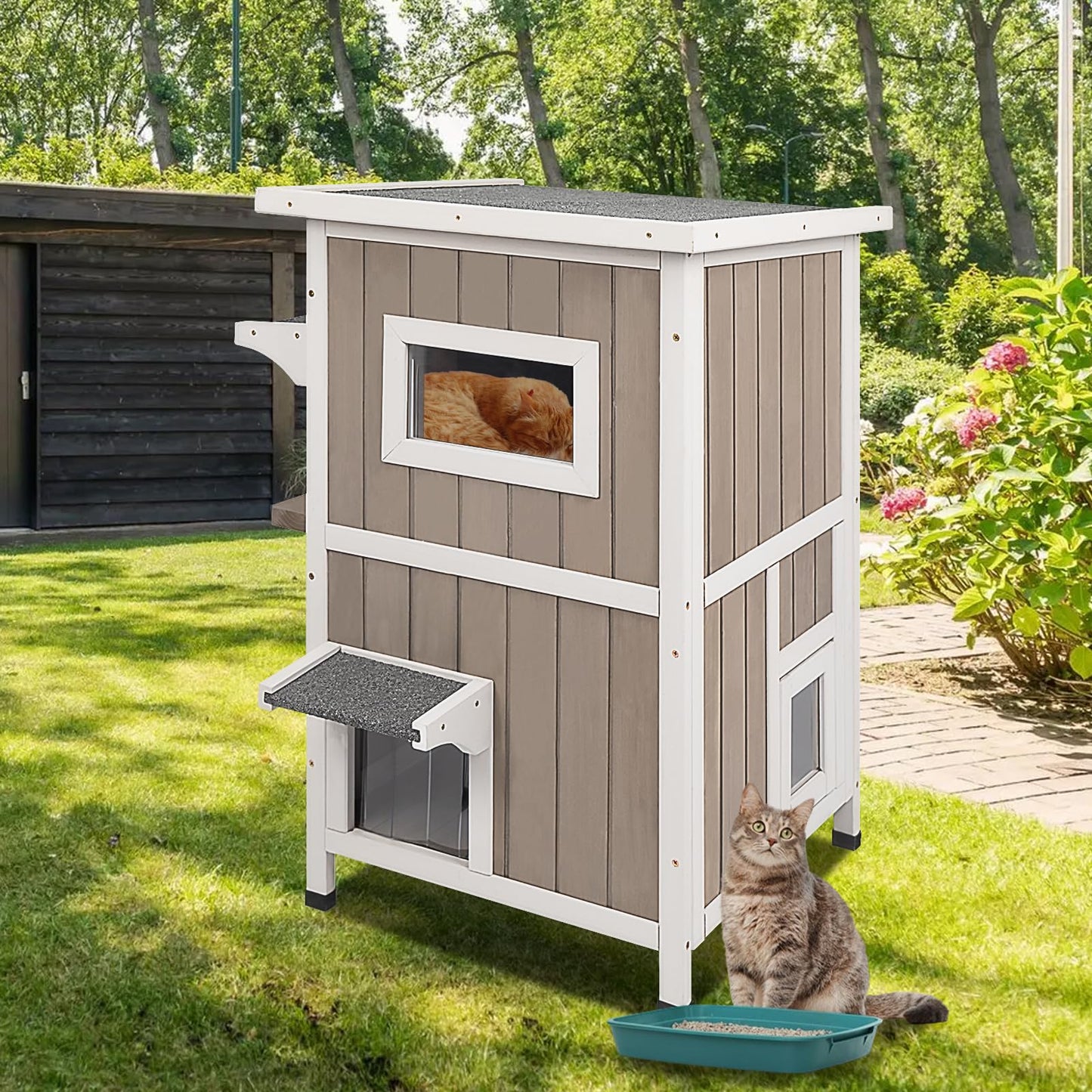 Ketive Outdoor Cat House Weatherproof 2-Story Feral Cat Shelter for Outdoor with Asphalt Roof, Viewing Windows, Escape Doors, and PVC Curtains – Insulated Fir Wood Cat House for Indoor/Outdoor Use