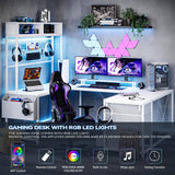 Tioutbot U Shaped Computer Desk with Drawers, 78.7" Reversible Home Office Desk with Monitor Stand and LED Lights, Bedroom Game Table with Hutch, Storage Shelves and Power Outlets, 4 Drawers - White Tioutbot