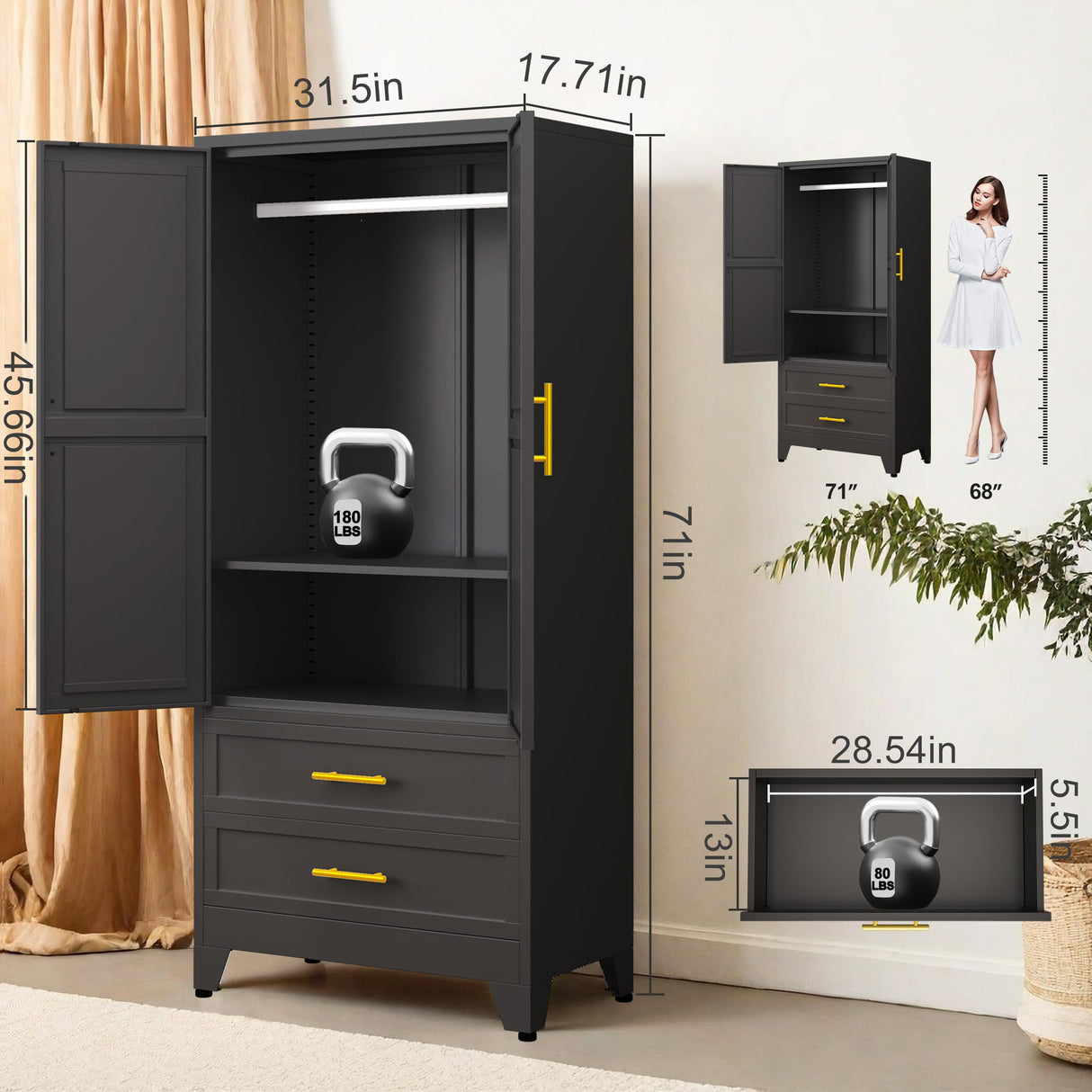 GAIOUS Steel Armoire Wardrobe Closet, 71" Metal Clothing Storage Cabinets with 2 Doors, 1 Adjustable Shelf and 2 Drawers, Metal Wardrobe Cabinet with Hanging Rod for Bedroom, Gym, Cloak Room (Black) GAIOUS