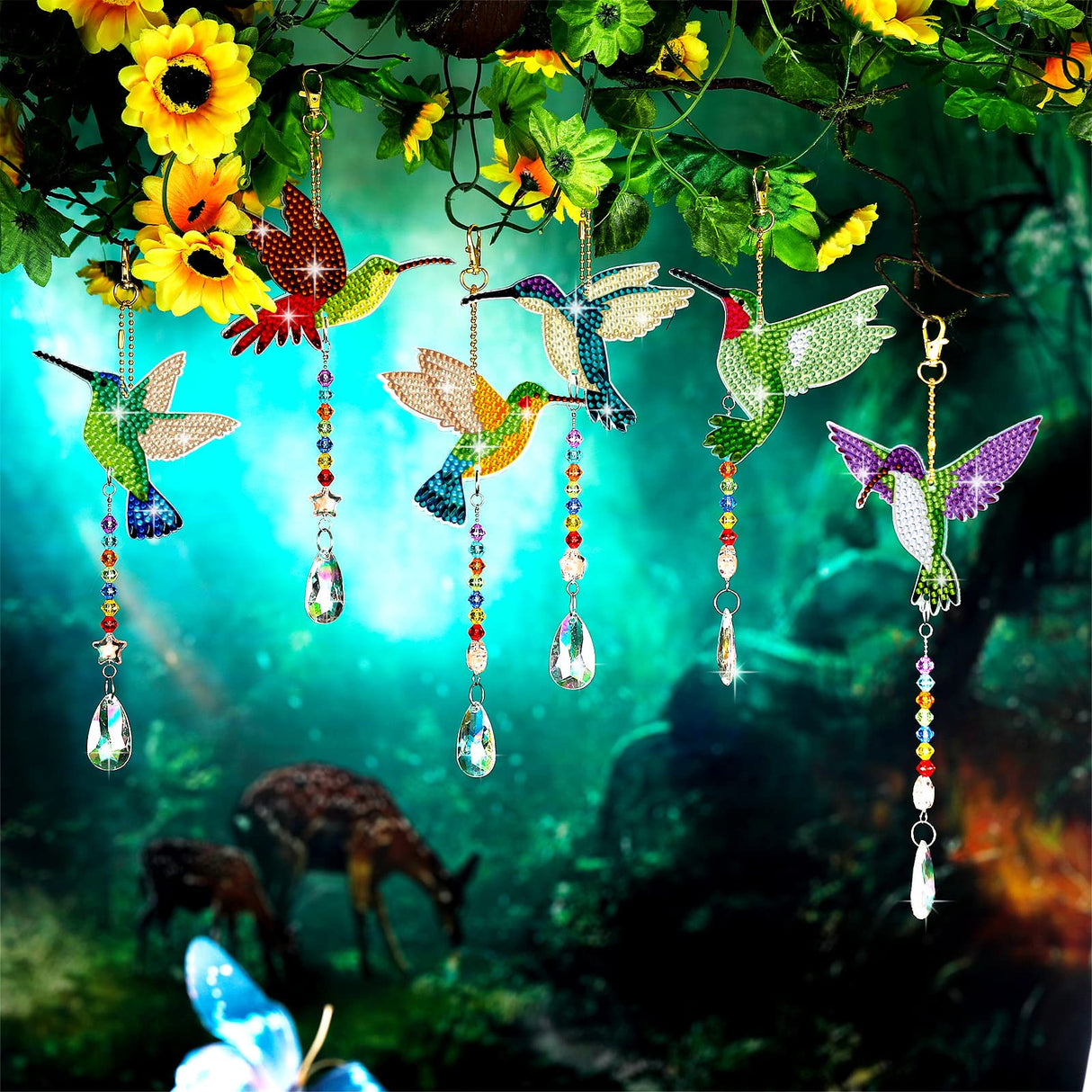 Tradder 6 Pcs Diamond Art Painting Rhinestone Hummingbird Wind Chimes Birds Art Kits for Adults Diamond Summer Decor Suncatchers Double Sided 5d DIY with Crystal Pendant for Home Window Decor Garden Tradder