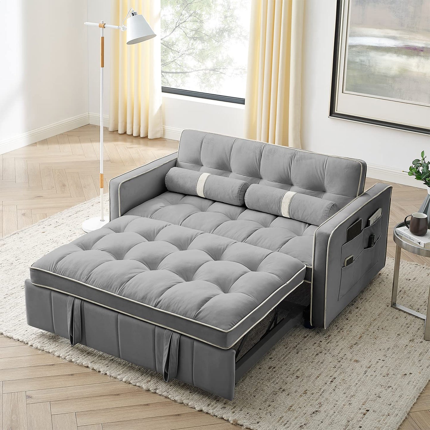 3 in 1 Sleeper Sofa Couch Bed, Small Tufted Velvet Convertible Loveseat Futon Sofa w/Pullout Bed, Adjustable Backrest, Cylinder Pillows for Living Room Apartment, Easy to Assemble, Grey, 55.5"