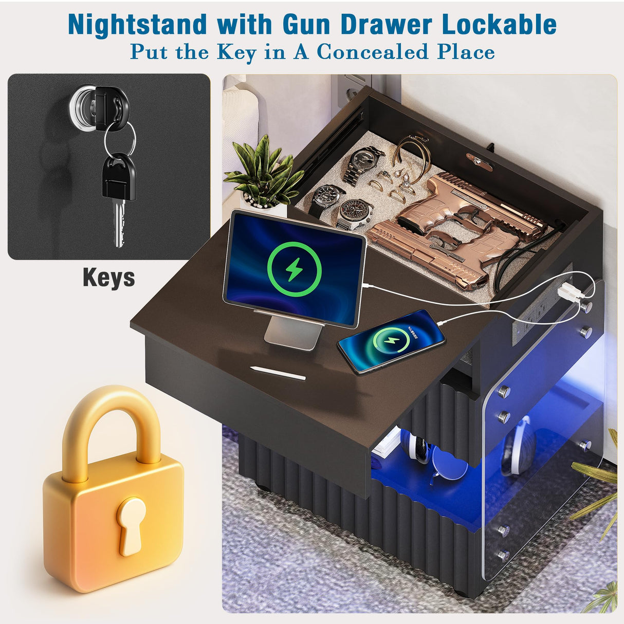 STHOUYN Bedroom LED Nightstand with Gun Drawers, Black Modern Night Stand with USB & Type-C Charging Station, Smart Nightstand Noght Stand, Bedside Table Gun Safe Side End Tables Office (1, Black) STHOUYN