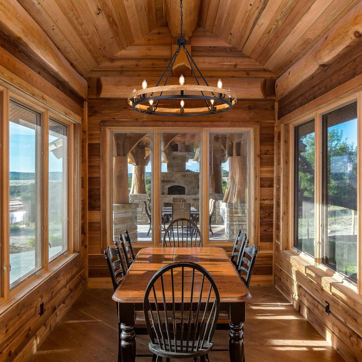 Wellmet Rustic Chandelier, Wood Painted Chandelier, 8-Light Farmhouse Wagon Wheel Chandelier for Living Room, Dining Room, Bedroom, Corridor, Hallway, Entryway Wellmet