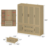 Homsee 6-Door Wardrobe Armoire Closet, Large Bedroom Cabinet Armoire with Rattan Doors, 2 Drawers, Hanging Bars & 7 Shelves, Light Brown Homsee