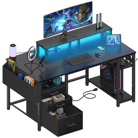 Lufeiya Gaming Desks with Led Lights and Power Outlets, 55 Inch Computer Desk with File Drawers Cabinet, Home Office Desk with Shelves Monitor Stand, Black Lufeiya