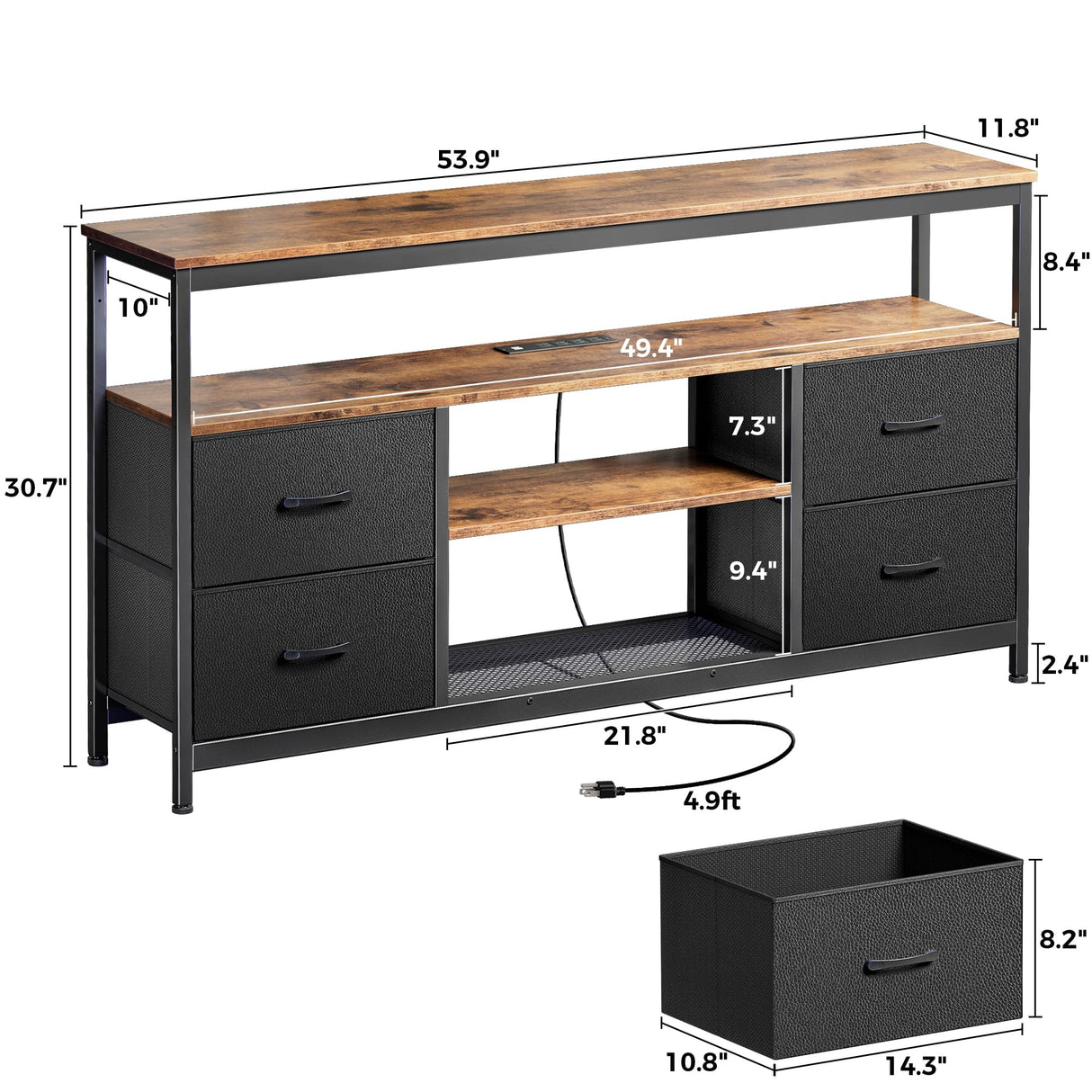 Huuger TV Stand Dresser with Power Outlets and LED Lights, 4 Drawers Entertainment Center with Shelves, 54 Inch Media Console for 55 60 Inch TV, PU Finish, Rustic Brown and Black Huuger