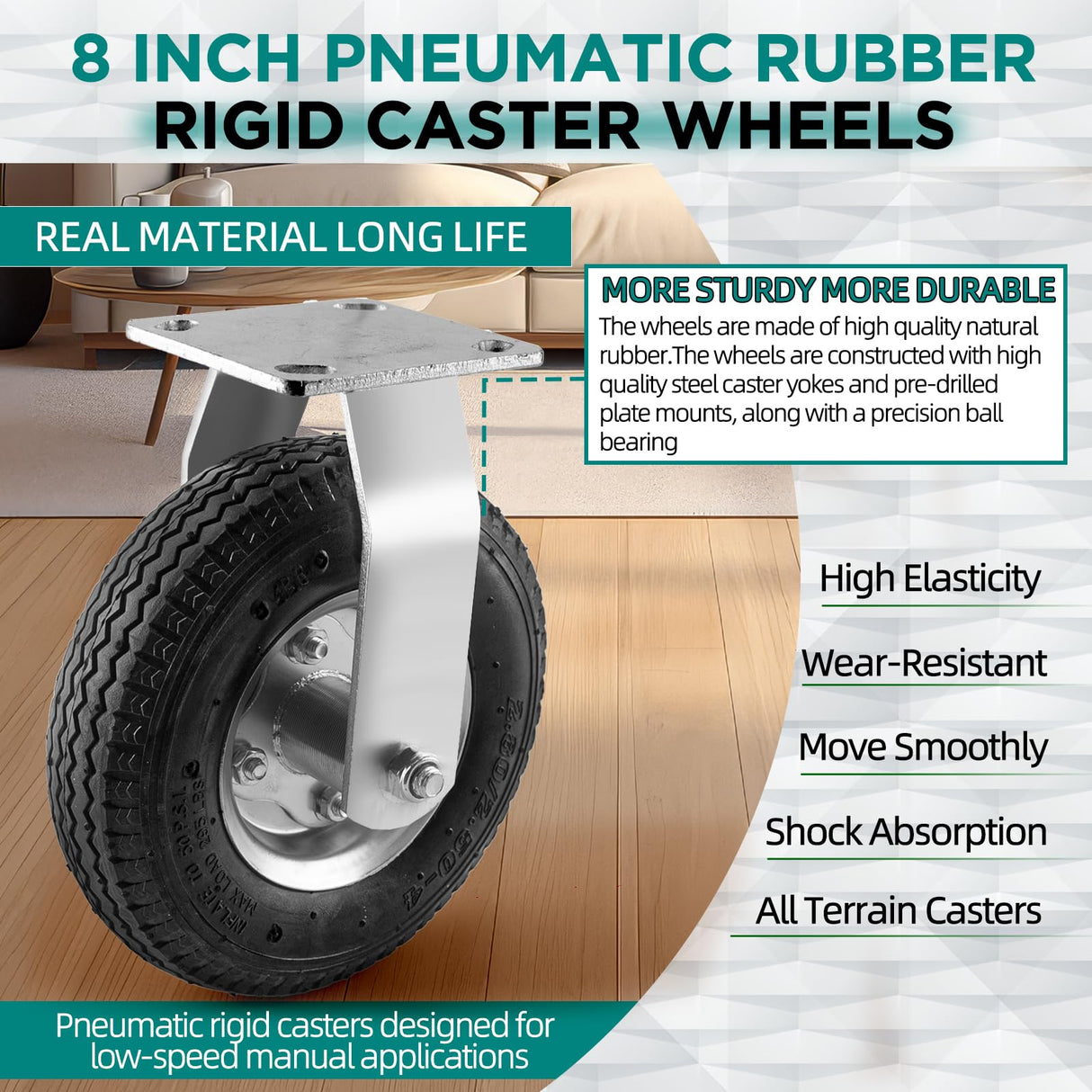 (2 Pack) RRQ 8 Inch Caster Wheels, Pneumatic Rigid Caster Wheels with Zinc Top Plate for Cart, Dolly, Trolley, Workbench and Wagon, All Terrain Casters, Black Rubber Wheels, 590 Lbs Total Capacity RRQ