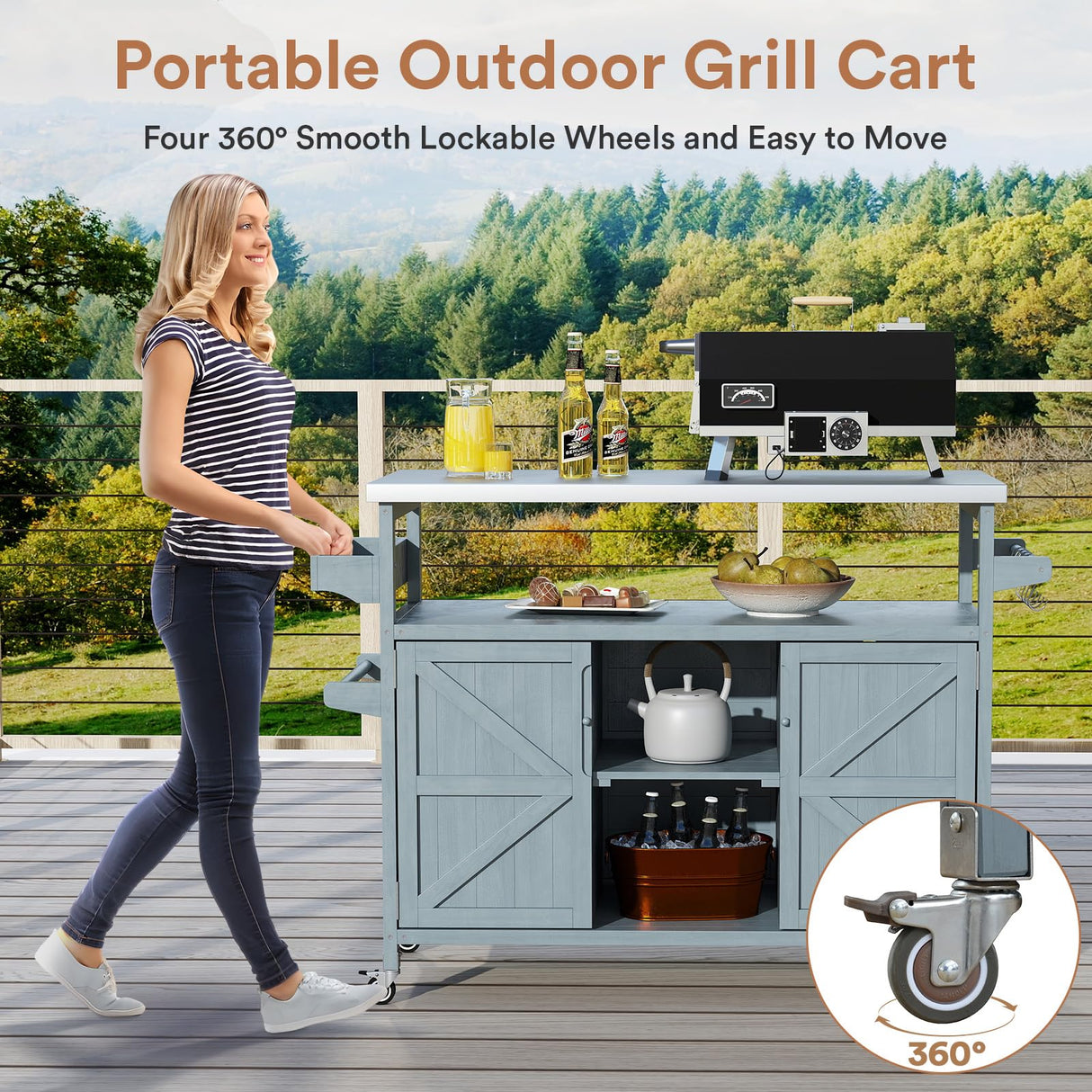 Zevemomo Outdoor Grill Cart, Stainless Steel Tabletop Outdoor Kitchen Island, Solid Wood Outdoor Buffet Cabinet with Lockable Wheels for Grilling, Gray-Blue Zevemomo
