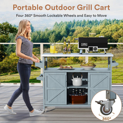 Zevemomo Outdoor Grill Cart, Stainless Steel Tabletop Outdoor Kitchen Island, Solid Wood Outdoor Buffet Cabinet with Lockable Wheels for Grilling, Gray-Blue