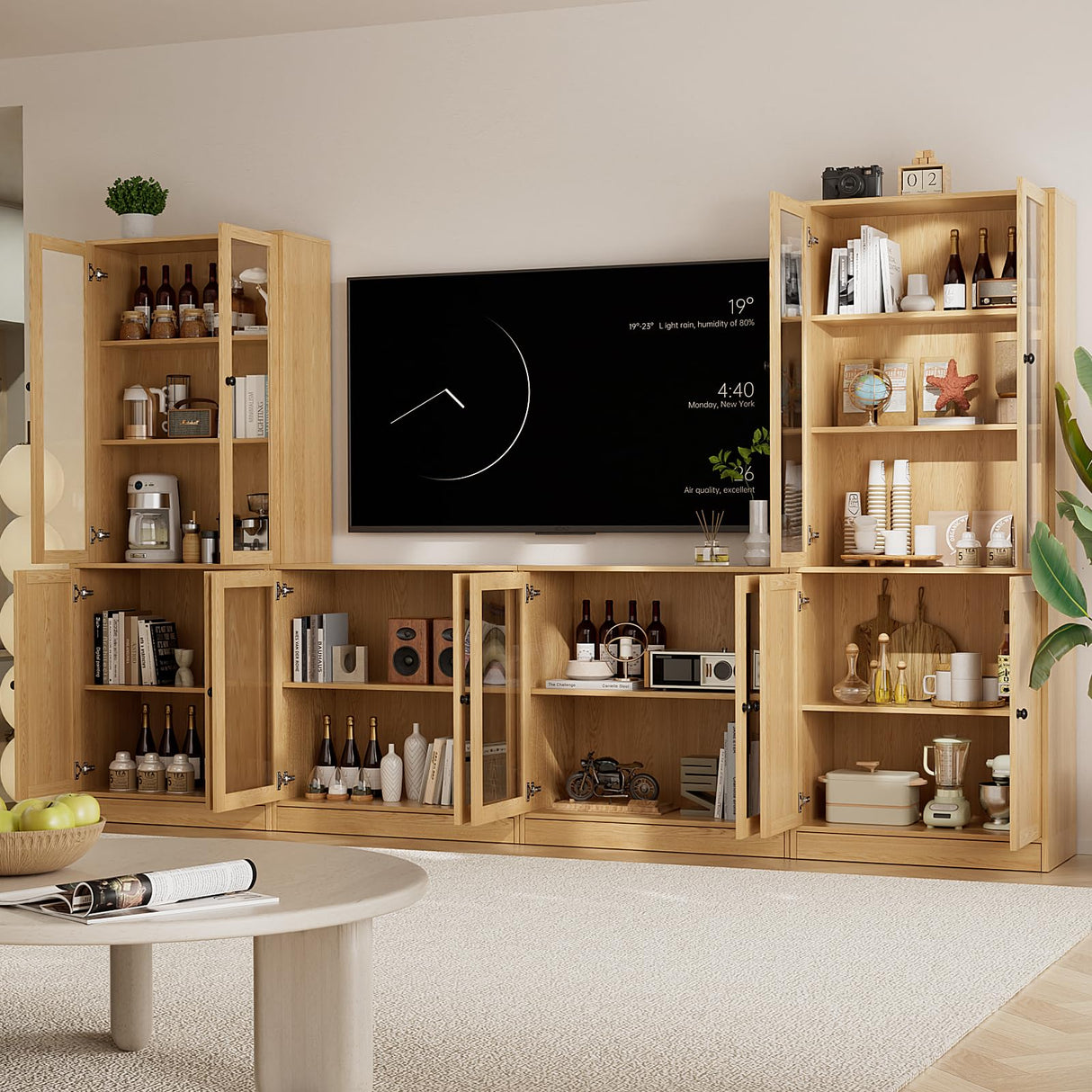 TUSY 4-Piece Large TV Stand with Bookshelves for TVs up to 75", TV Entertainment Center Media Center with Tempered Glass Doors and Shelves, TV Hutch for Living Room (Wood) TUSY