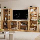 TUSY 4-Piece Large TV Stand with Bookshelves for TVs up to 75", TV Entertainment Center Media Center with Tempered Glass Doors and Shelves, TV Hutch for Living Room (Wood) TUSY