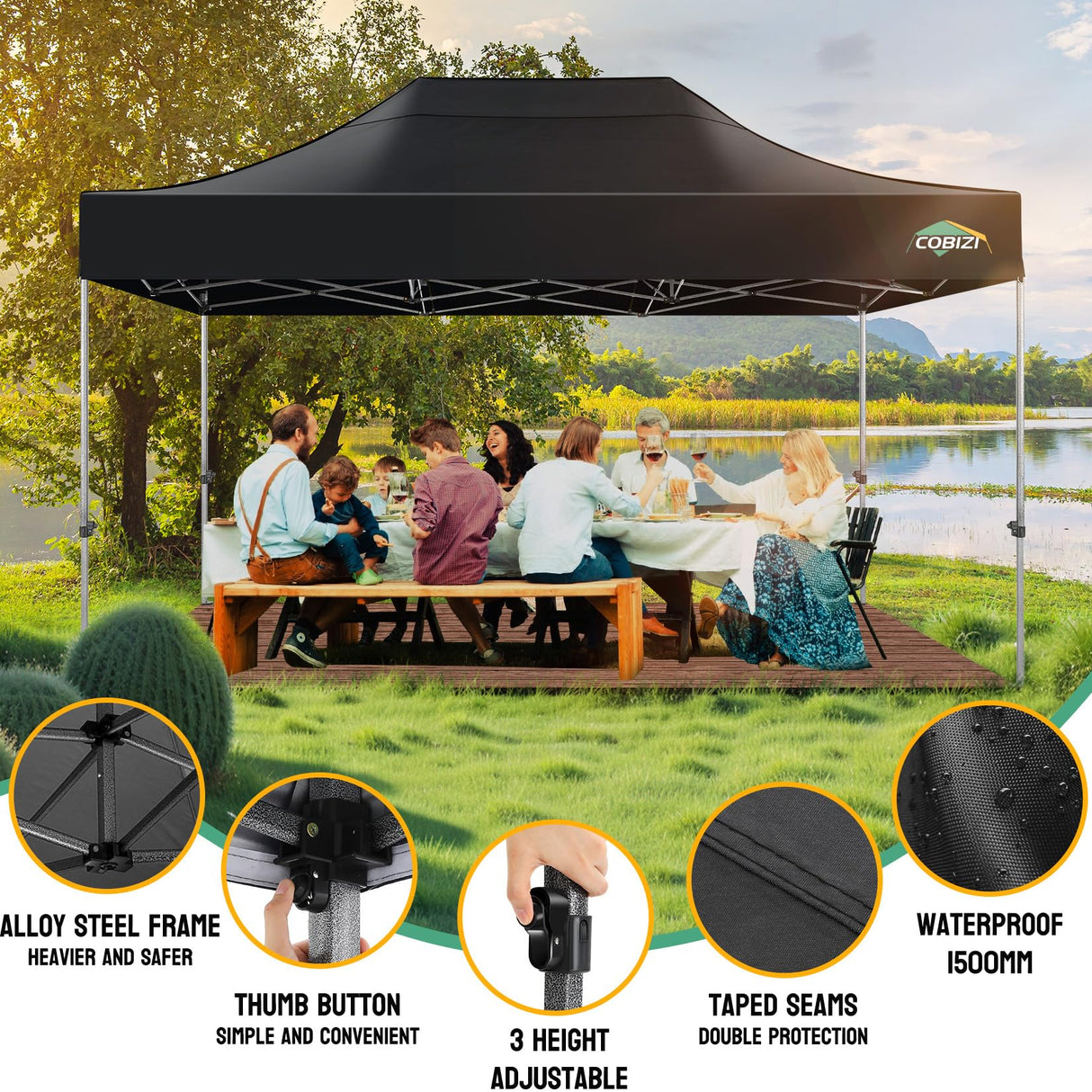 COBIZI 10x15 Pop up Canopy Tent Heavy Duty with 4 Sidewalls, Easy Set-up Commercial Outdoor Party Tent, 100% Waterproof Wedding Canopy Gazebo, 3 Height Adjustable with Handbag, Black COBIZI