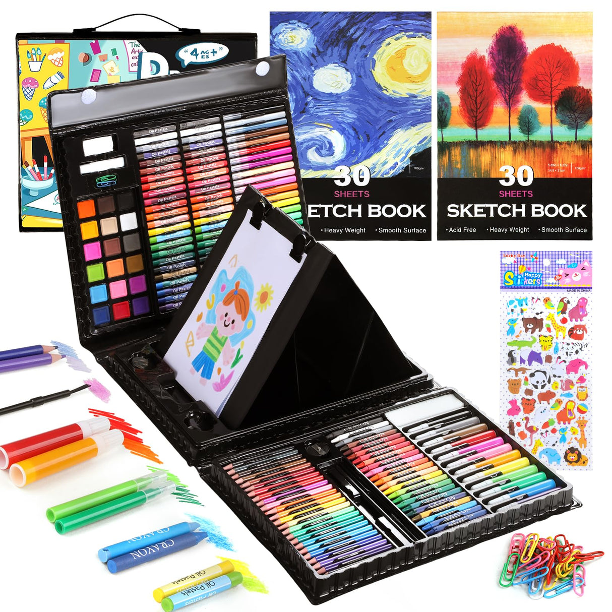 237-Piece Kids Art Set with Double-Sided Easel, Painting Kits for Kids Ages 4-8, Non-Toxic Art Supplies for Girls & Boys, Drawing Set with Watercolor, Oil Pastels, resent for Young Artists-Black Color More