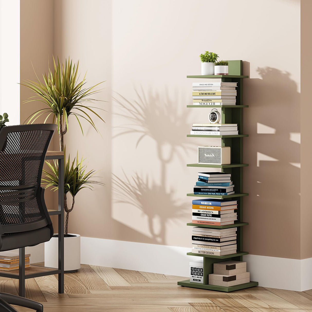 TUTOTAK Bookshelf, 8-Tier Bookcase, Narrow Spine Book Shelf for Small Space, Corner Standing Shelf for Living Room, Office, Study, Entryway, Olive Green BS06BOG008 TUTOTAK