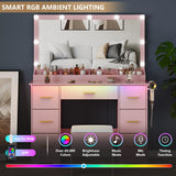 METOTI Vanity Desk with 38" Large Mirror and 9 LED Lights & Glass Top and Power Outlet, Adults Makeup Vanity with Chair and 7 Storage Drawers, Dressing Table Set for Bedroom, Modern Pink METOTI