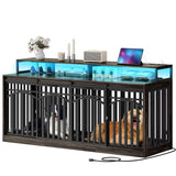 DWVO 71" Double Dog Crate Furniture with LED Light & Power Outlets, Heavy Duty Dual Dog Kennel TV Stand w Storage Shelves Sliding Doors, Wooden Two Dog Cage Table 2 Medium Large Dogs, Black Oak DWVO