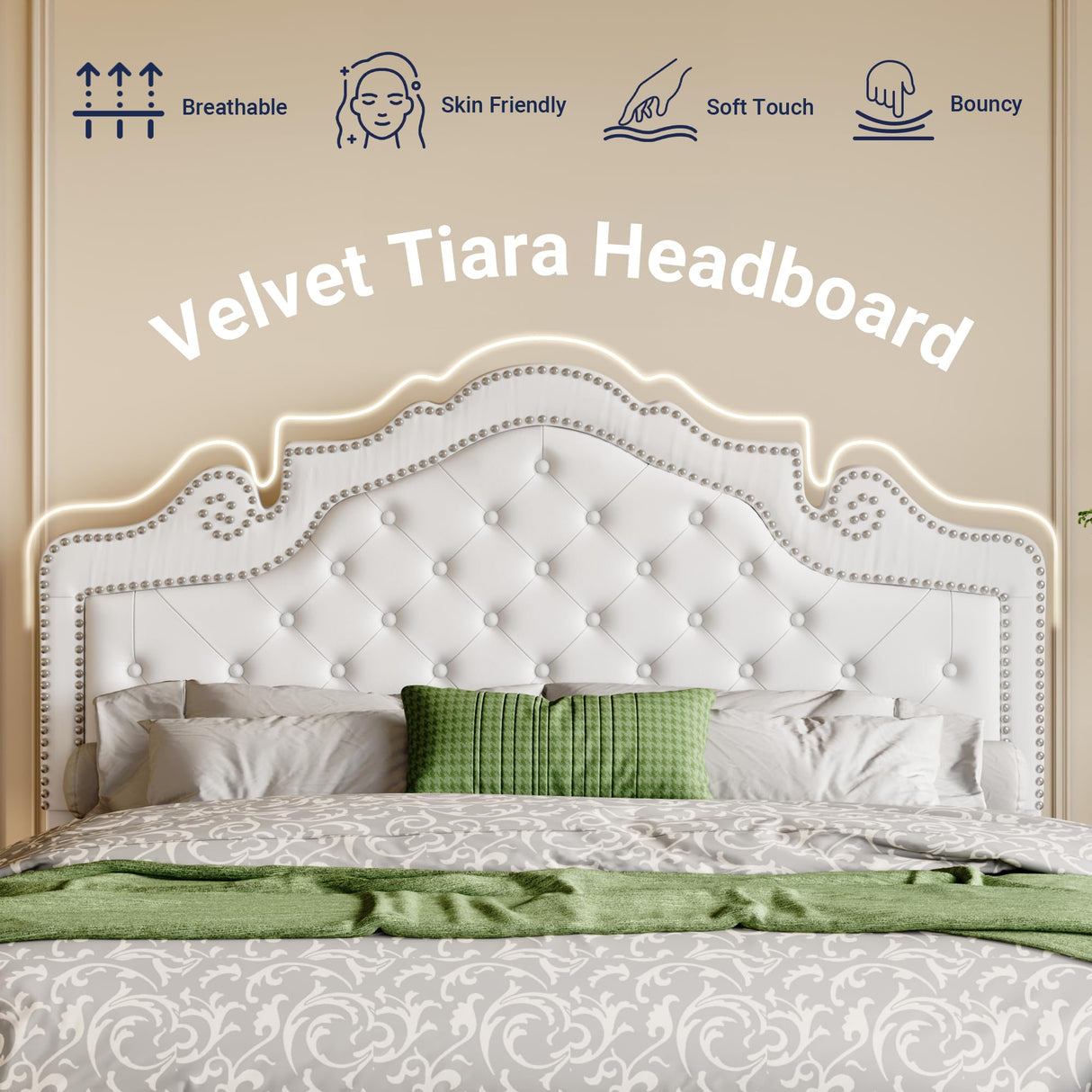 Allewie Queen Bed Frame with Adjustable Velvet Tiara Headboard, Upholstered Diamond Button Tufted Platform Bed, Wood Slats Support, No Box Spring Needed, Mattress Foundation, Easy Assembly, White Allewie