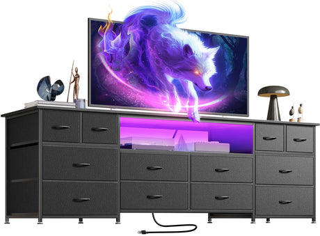 Huuger 63 Inch Dresser TV Stand with LED Lights, Power Outlets and USB-C Port, 12 Fabric Drawer Dresser for Bedroom, Wide Entertainment Center for 65, 70 Inch TV, Open Shelf, Black Huuger