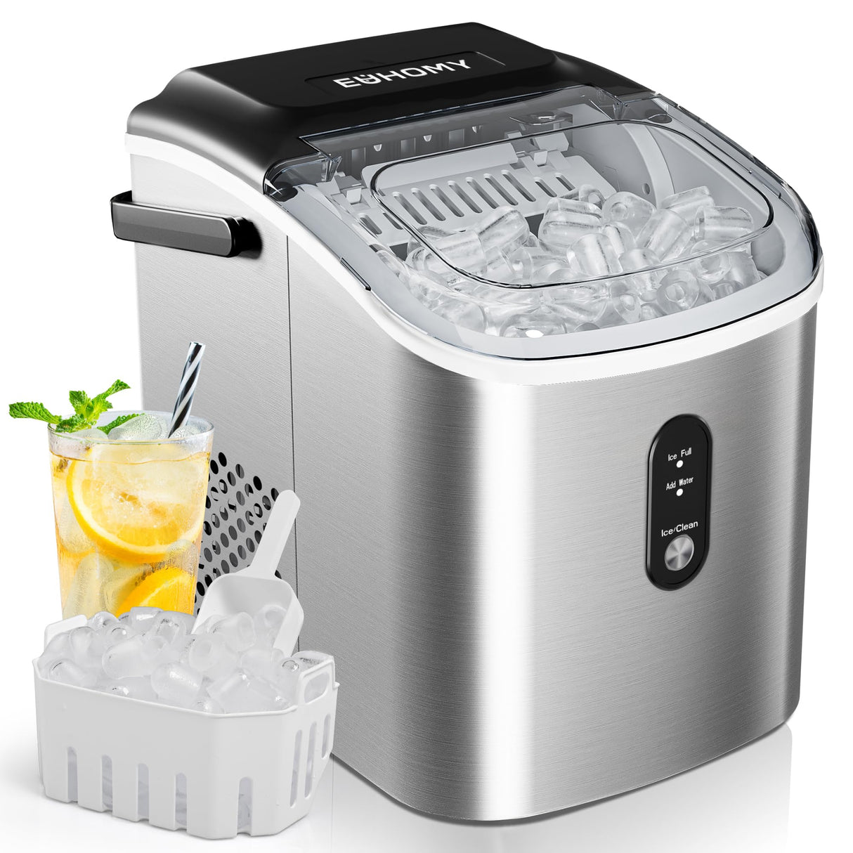 EUHOMY Countertop Ice Maker Machine with Handle, 26.3lbs Per Day, 9 Cubes in 6 Mins, Auto-Cleaning Portable Ice Maker with Basket and Scoop, for Home/Kitchen/Camping/RV (Silver) EUHOMY