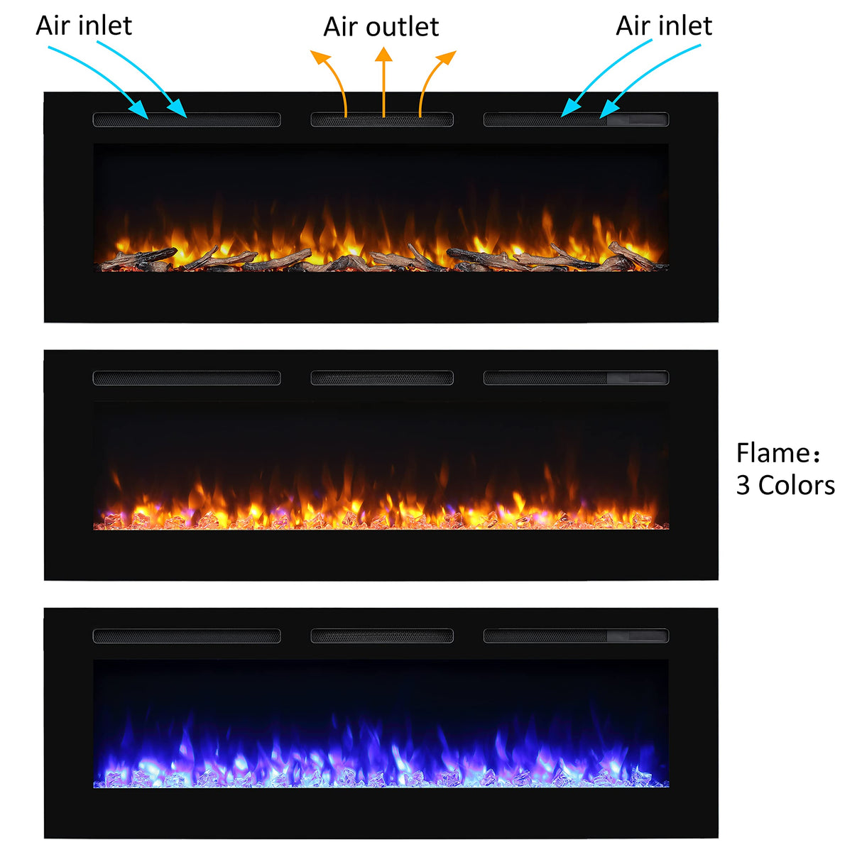 PuraFlame Alice 60 Inches Recessed Electric Fireplace, Flush Mounted for 2 X 6 Stud, Log Set & Crystal, 1500W Heater, Remote Control, Black PuraFlame