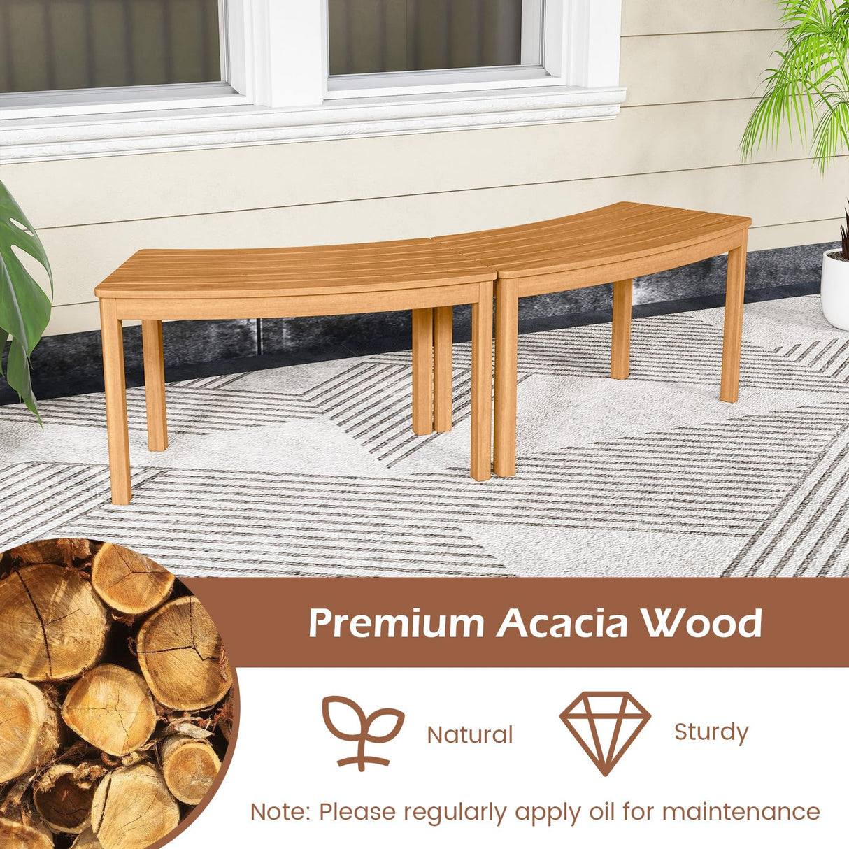 HAPPYGRILL Acacia Wood Outdoor Curved Bench, Fire Pit Bench with Slatted Seats, Tree Benches Wrap Around for Patio Garden Backyard, 400 lbs (3) HAPPYGRILL