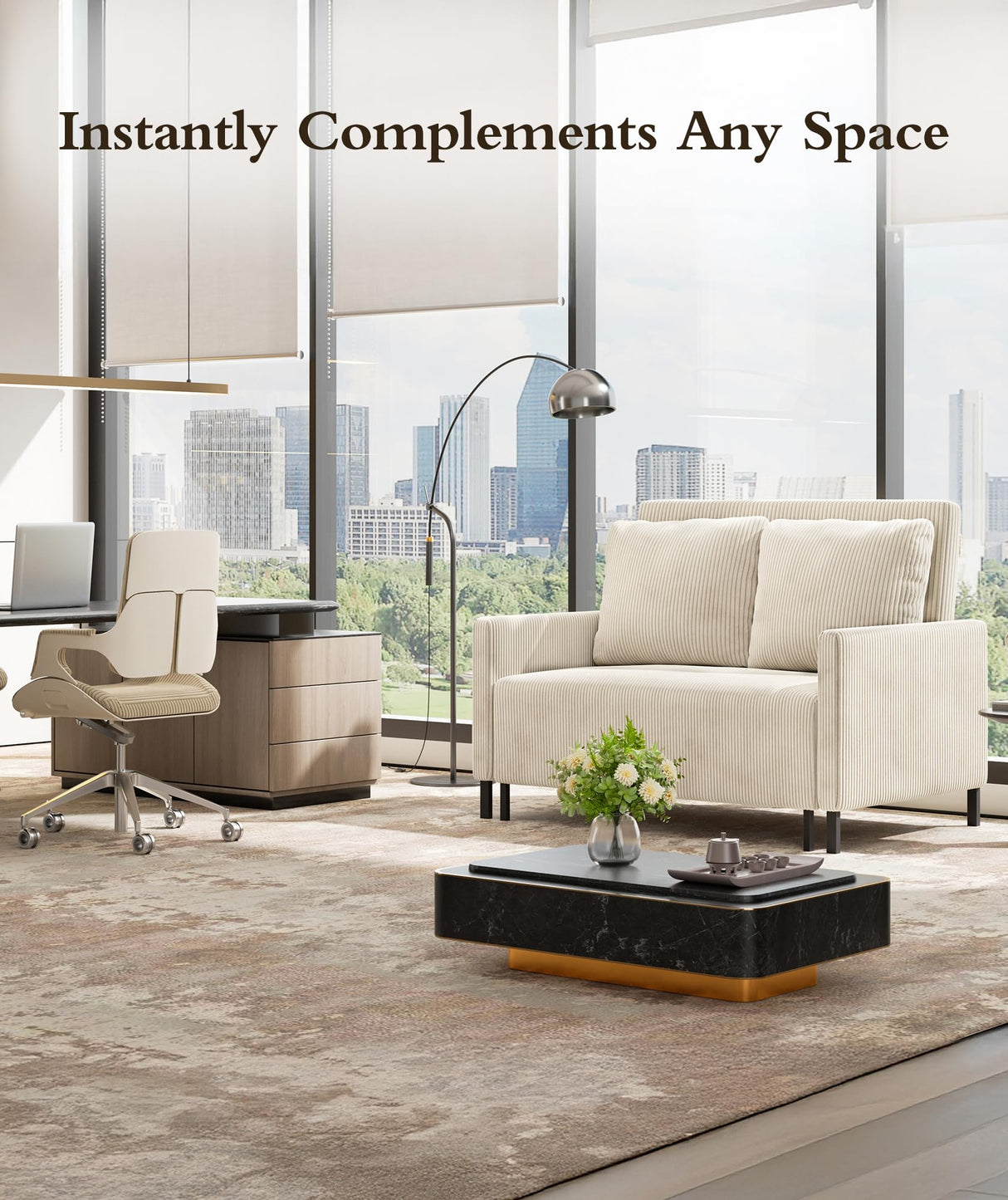 Corduroy Convertible Sofa Bed, 47" Loveseat Sleeper Sofa, Pull out Couch 618lbs Capacity, Modern Sleeper Couch Bed 2 Fluffy Pillows Included, Small Couches for Small Spaces/Apartment/Office, Beige Domusensus