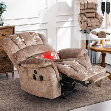 SOCIALCOMFY Large Tall Man Power Lift Recliner Chair with Massage & Heat, Dual Motor Lay Flat Electric Lift Sleeper Recliner w/Extended Footrest, Lumbar Pillow, USB & Type-C Ports, Pocket,Plush Brown SOCIALCOMFY