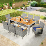 Tangkula 9 Pieces Patio PE Wicker Dining Set, Outdoor Acacia Wood Table and Chairs for 8 with Cushions and 2" Umbrella Hole, Outdoor Dining Furniture Set for Deck, Garden and Yard (Mix Grey+Navy) Tangkula