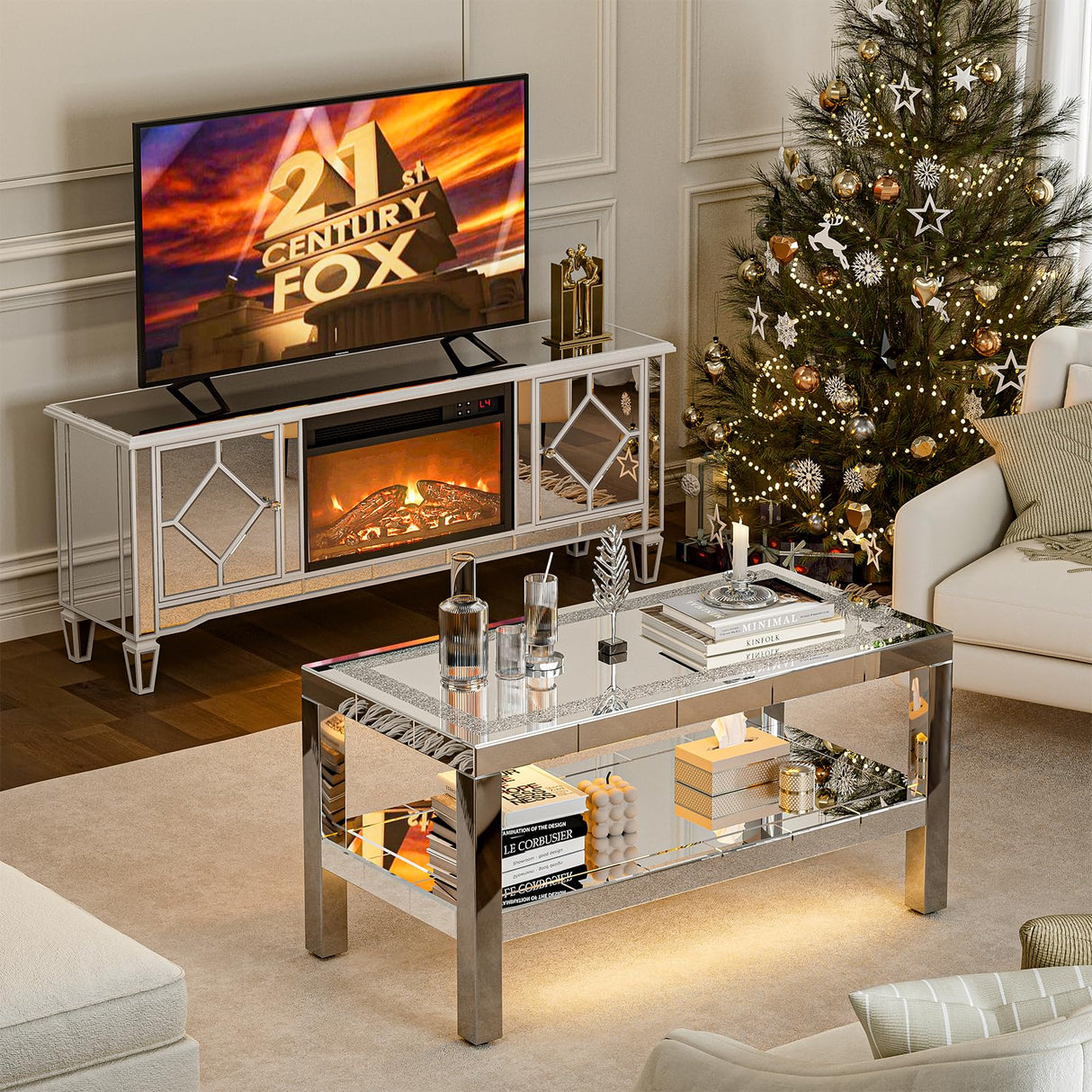 IKIFLY Mirrored 2 Tiers Coffee Table with LED, Rectangle Mirrored Coffee Table with Crushed Diamond and Stainless Steel Legs, Silver Living Room Table IKIFLY