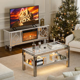 IKIFLY Mirrored 2 Tiers Coffee Table with LED, Rectangle Mirrored Coffee Table with Crushed Diamond and Stainless Steel Legs, Silver Living Room Table IKIFLY