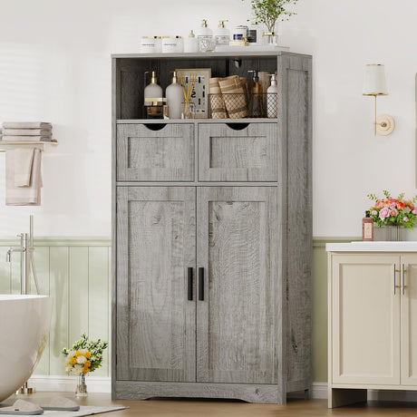 Iwell Bathroom Cabinet with 2 Drawers & 2 Adjustable Shelves, Storage Cabinet with Doors, Cupboard, Floor Cabinet for Living Room, Home Office, Grey Iwell