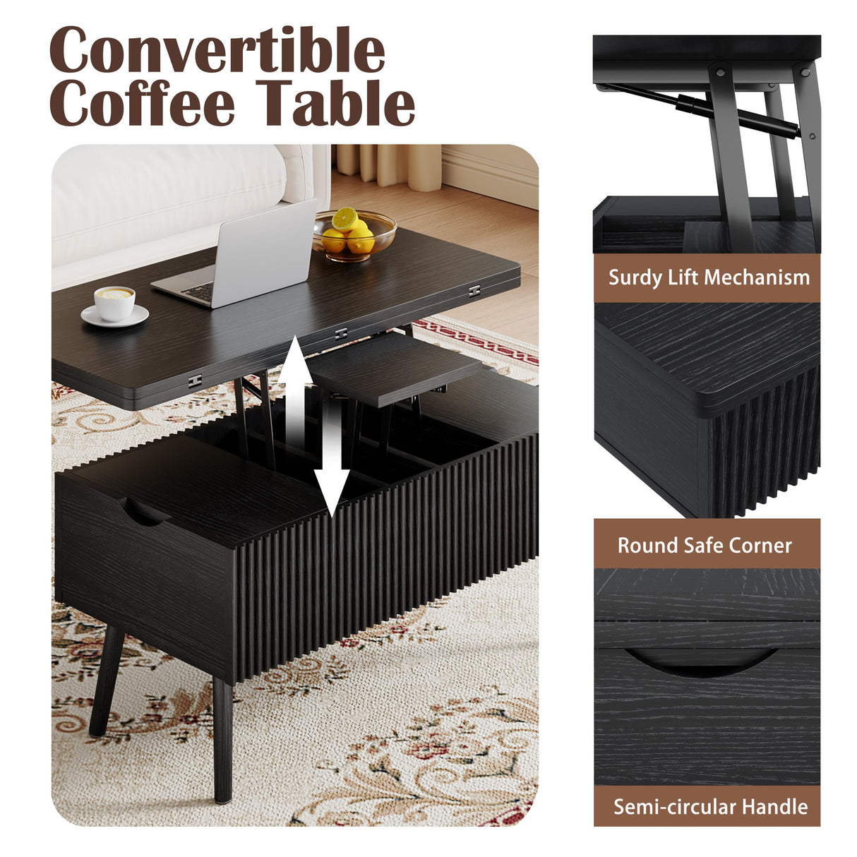 Cakhdry 40" Lift Top Coffee Table, 4 in 1 Multi-Function Coffee Tables with Storage Drawers and Expandable Desktop, Mid Century Modern Fluted Dining Table Center Table for Living Room, Black Cakhdry
