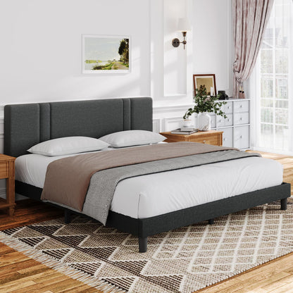 Novilla Adjustable Queen Bed Frame with Upholstered Headboard and Wood Slat Support - Dark Grey - WoodArtSupply