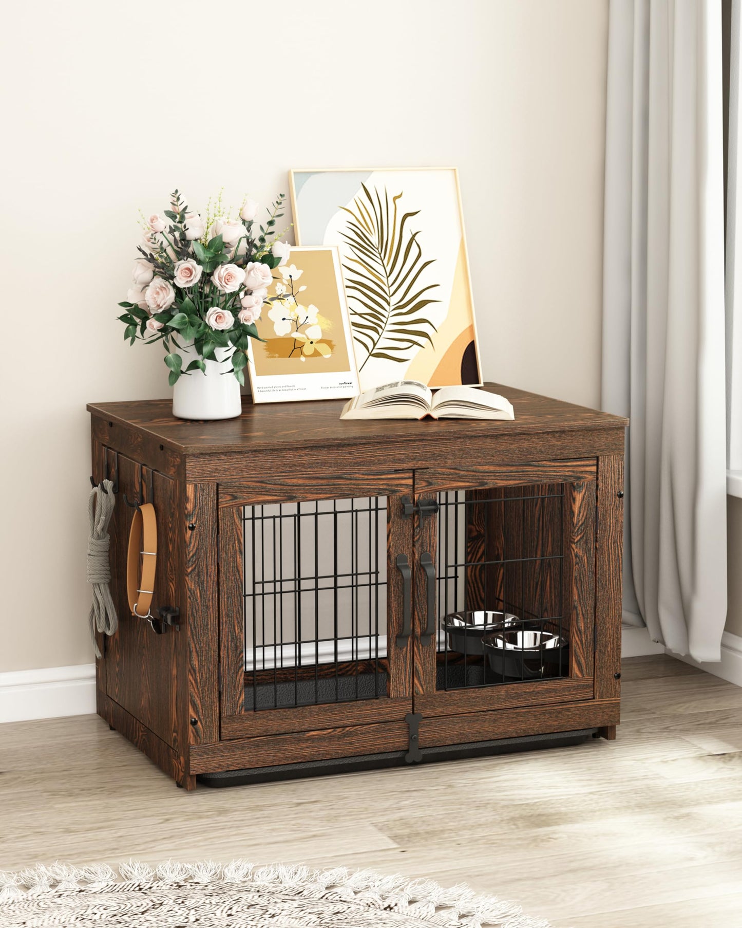 Piskyet Wooden Dog Crate Furniture with 360°Rotatable Removable Dog Bowls, Dog Crate End Table with Tray, Double Doors Dog Kennels for Dogs(M:31.8" L*22.1" W*24.1" H, Rustic Style) - WoodArtSupply