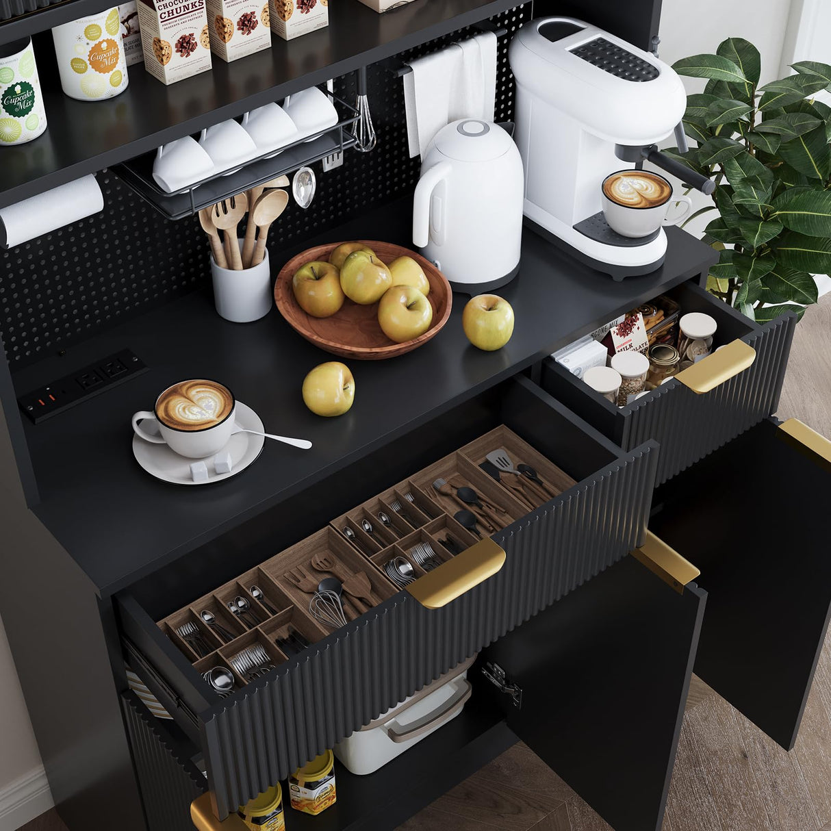 Buenhomino Kitchen Pantry Cabinet with Storage & Pegboard, 71" Tall Hutch Storage Cabinet with Power Outlets, Freestanding Food Pantry Cabinet with Microwave Stand Spice Rack for Dining Room - Black Buenhomino