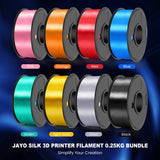 JAYO Silk PLA Filament Bundle 1.75mm, Silk 3D Printer Filament Bundle Multicolor, Individually Vacuum Packed, 8 Pack, Shiny Silk 2KG in Total, Light Gold+Silver+Black+Blue+Red+Green+Orange+Pink JAYO