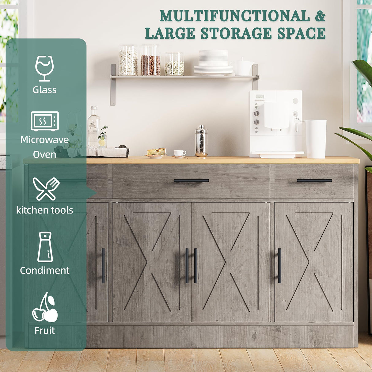 Shintenchi Buffet Cabinet with Storage,53.4" Large Kitchen Storage Cabinet with 3 Drawers and 4 Doors,Wood Farmhouse Buffet Sideboard with Adjustable Shelf for Kitchen Living Room,Ash Grey Shintenchi