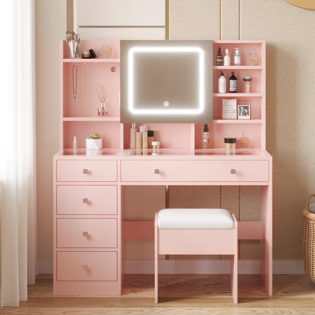 Karl home Makeup Vanity with Lighted Mirror Bedroom Vanity Desk with Charging Station Large Vanity Set with Transparent Desk, Drawers, Cabinet, Shelves for Storage in Bedroom, Light Pink Karl home