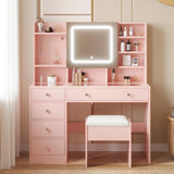Karl home Makeup Vanity with Lighted Mirror Bedroom Vanity Desk with Charging Station Large Vanity Set with Transparent Desk, Drawers, Cabinet, Shelves for Storage in Bedroom, Light Pink Karl home