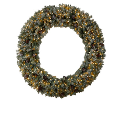 Nearly Natural 6ft. Giant Flocked Christmas Artificial Wreath with Pinecones, 600 Clear LED Lights and 1000 Bendable Branches