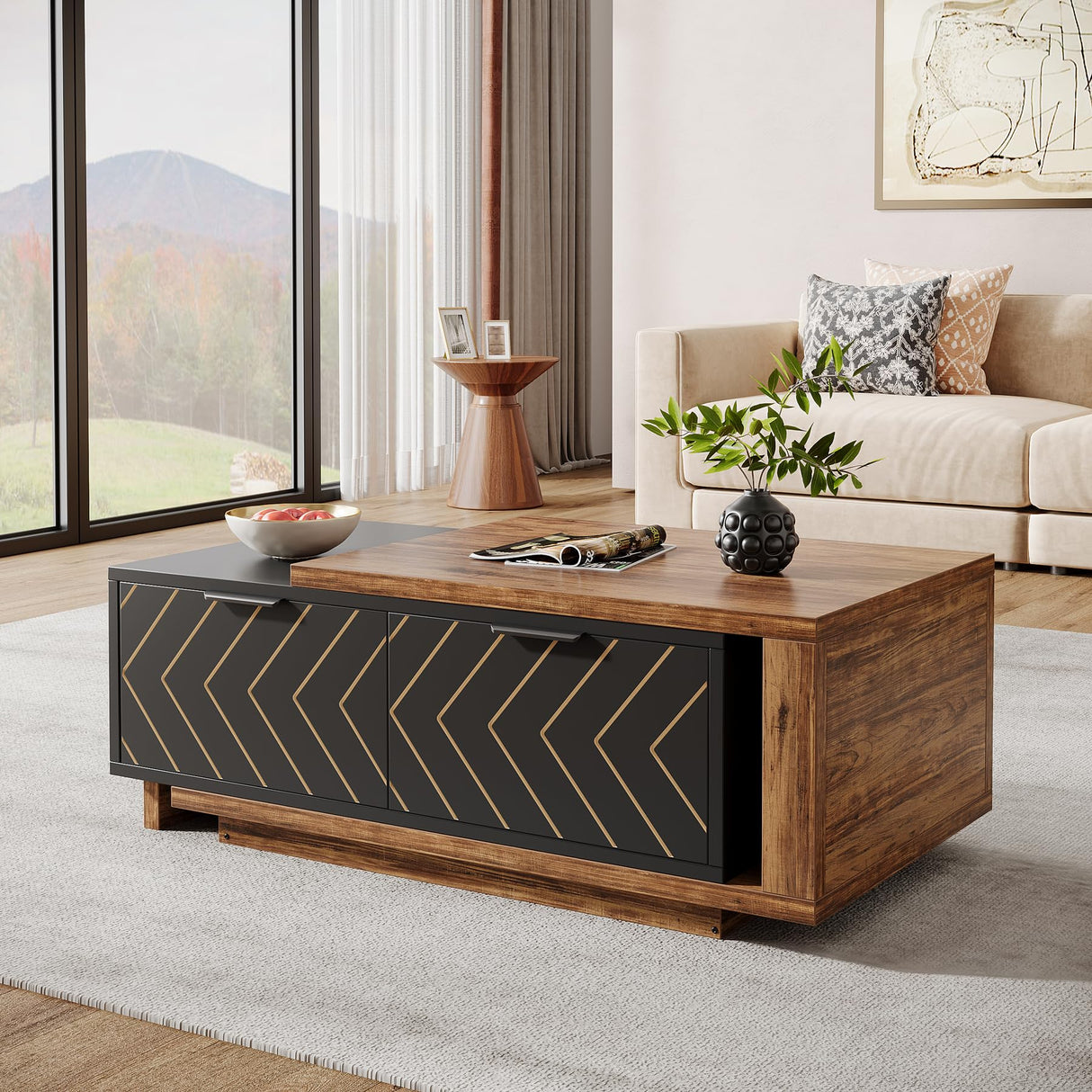 Tribesigns Extendable Coffee Table with 2 Storage Drawers, Dual-Tone Center Table with Sliding Tabletop, Multi-Functional Hidden Storage Wooden Rectangle Cocktail Table for Living Room (Brown & Black) Tribesigns